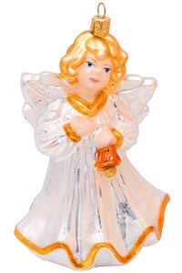 glasfigur af en engel i hvid med klokke